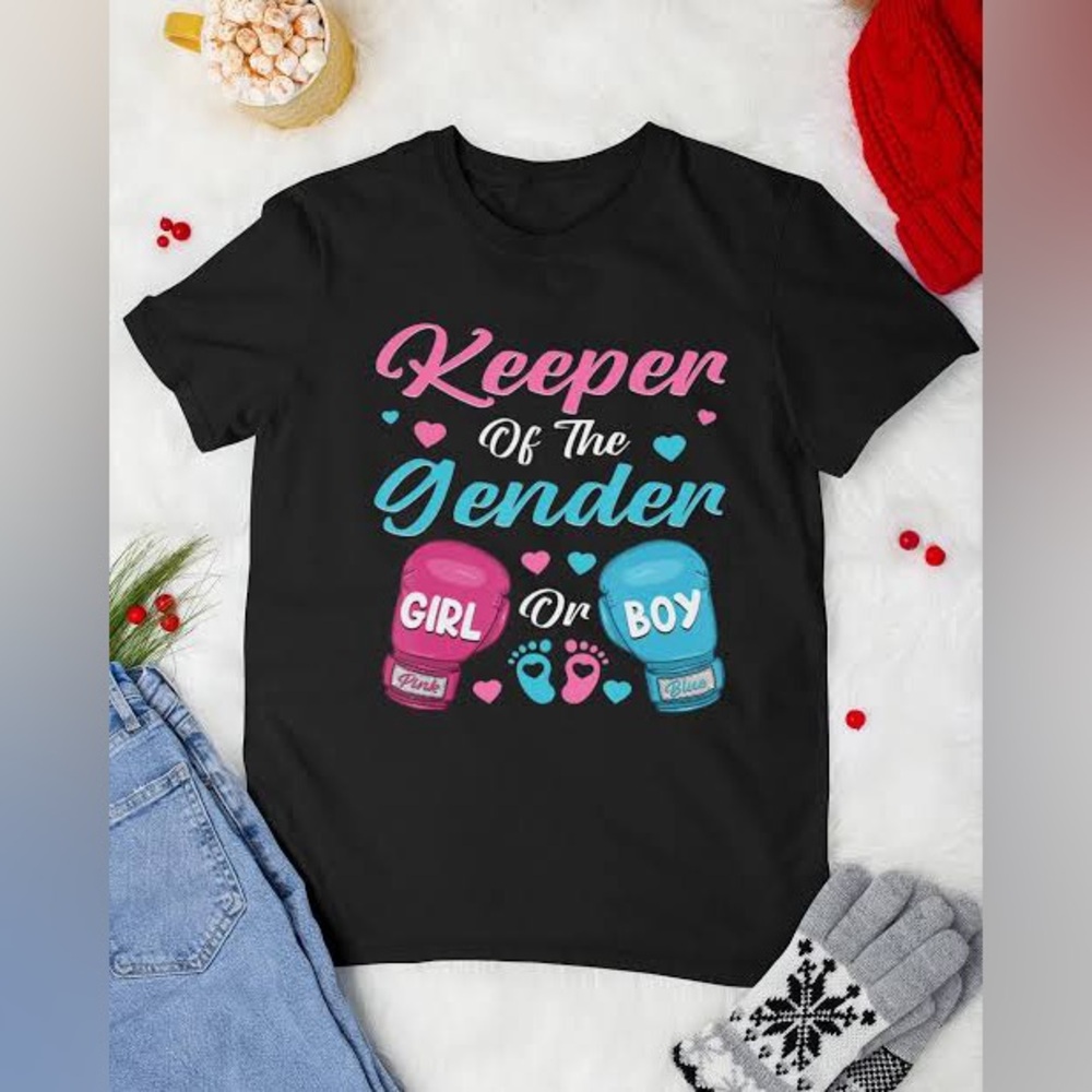Women’s Keeper of the Gender Boxing Gloves T-Shirt for Gender Reveal Size Medium